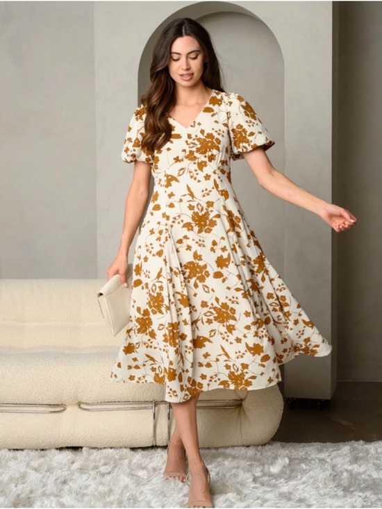 Baltic Born Dresses & Skirts - Baltic Born Cream and Brown Floral Midi Dress